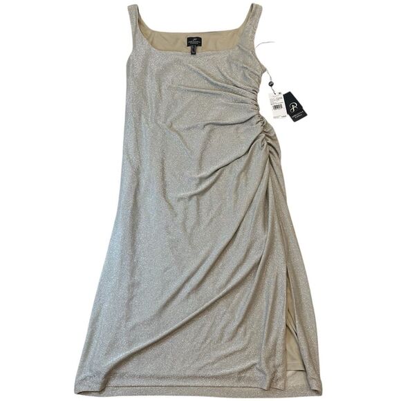 Adrianna Papell Metallic Midi Dress Size 14 NWT $169 Champagne Formal Cocktail - Picture 2 of 13